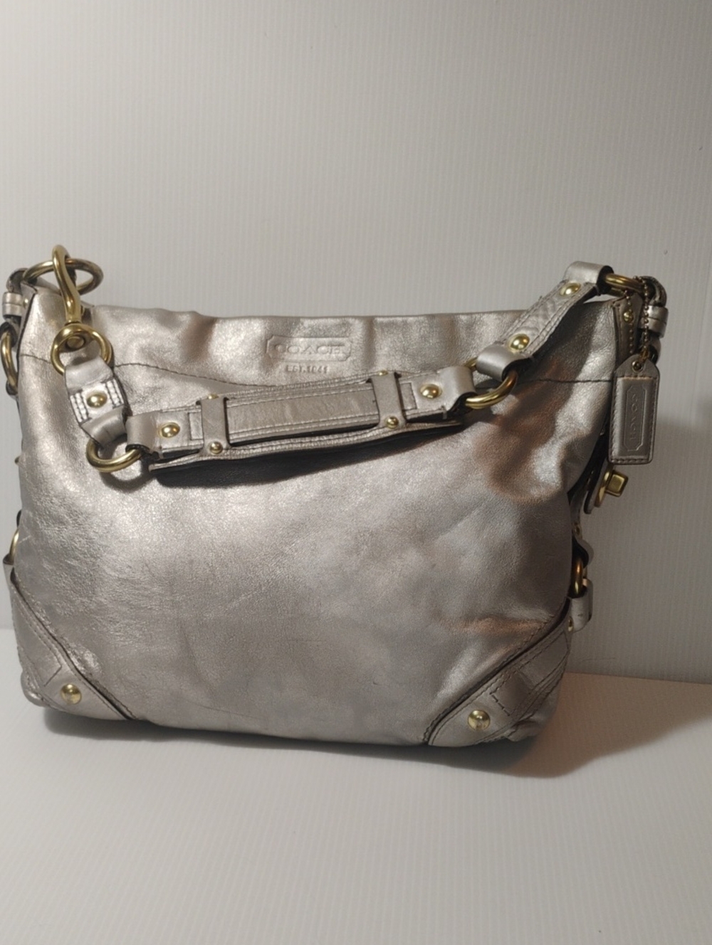 Coach 11870 Carly Legacy Silver Shimmer  Leather Shoulder Bag w/ Turnlock Detail